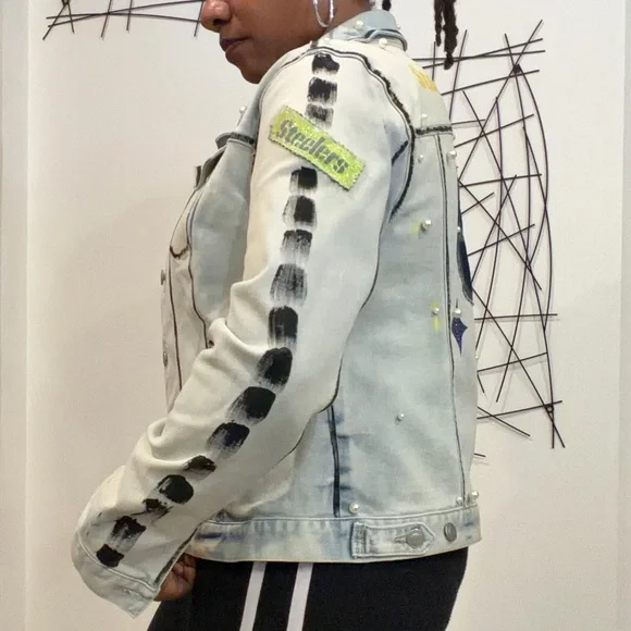 Custom Steelers Women's Embellished Denim Jacket - Picture 2 of 6